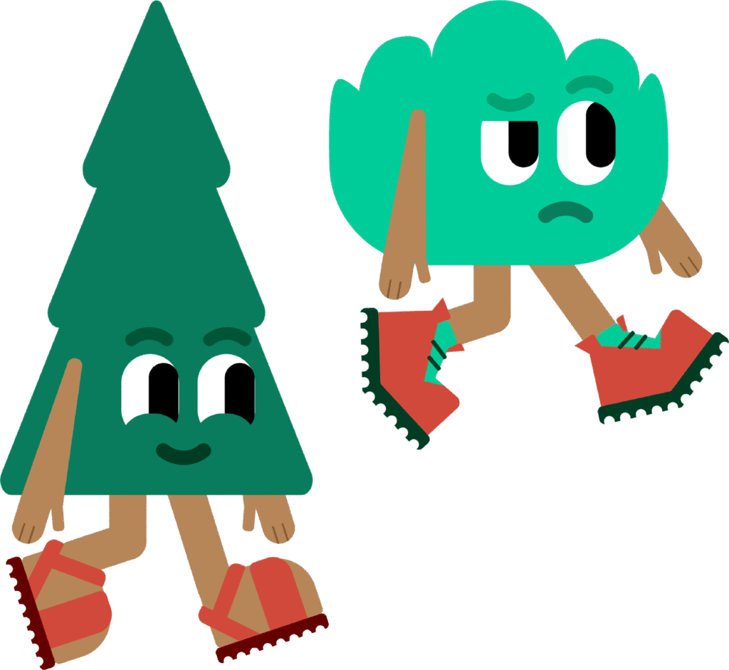 Dessin de deux mascottes, un sapin et un arbre avec des chaussures de randonée