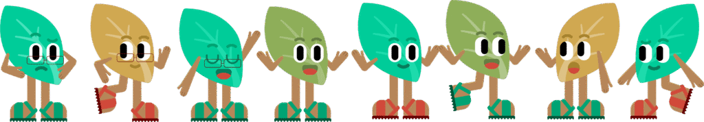 Plusieurs versions de la mascotte d'une feuille avec différentes expressions et gestes